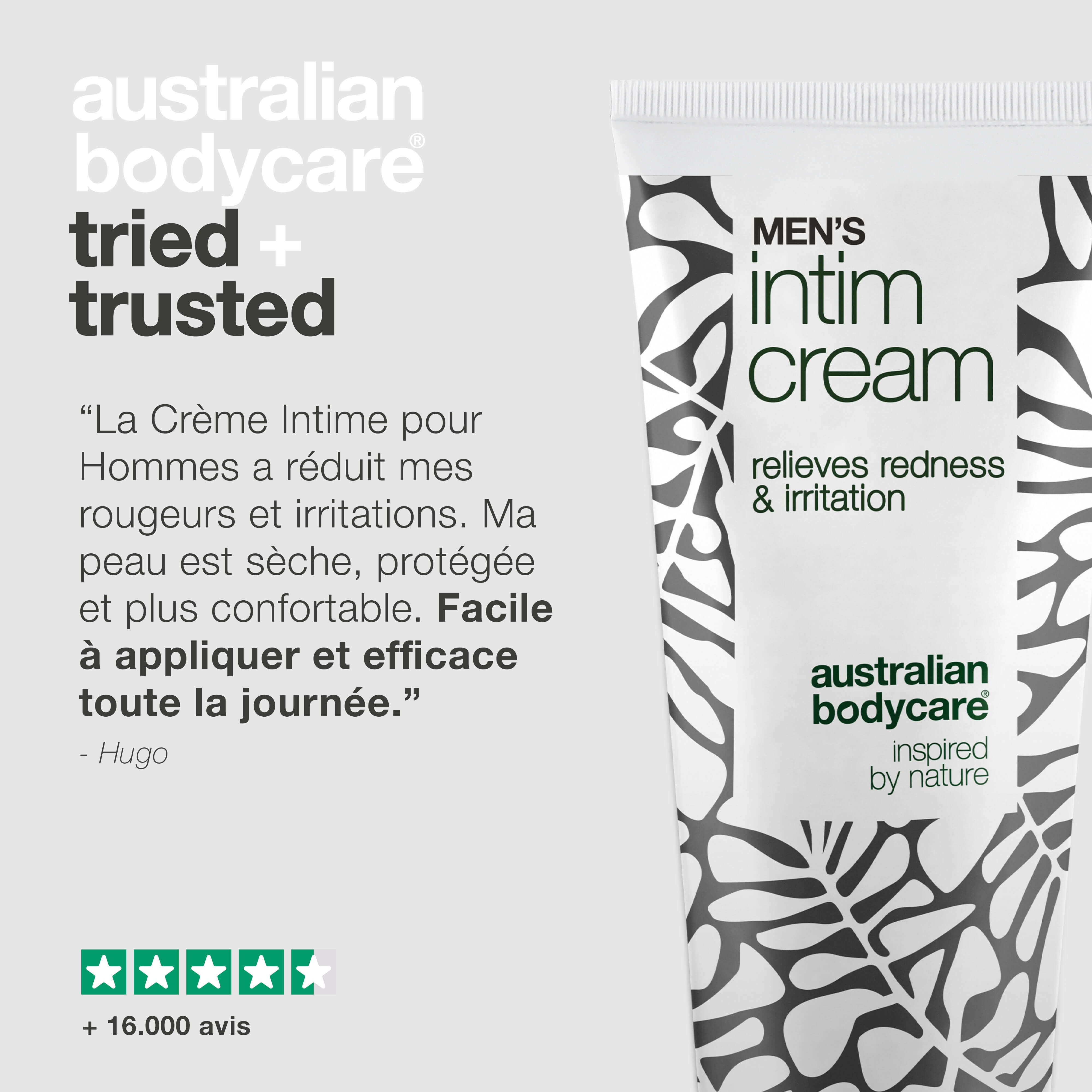 Témoignage. Tube de crème intime. Citation: Réduit rougeurs et irritations. Peau protégée et confortable. Facile à appliquer et efficace.