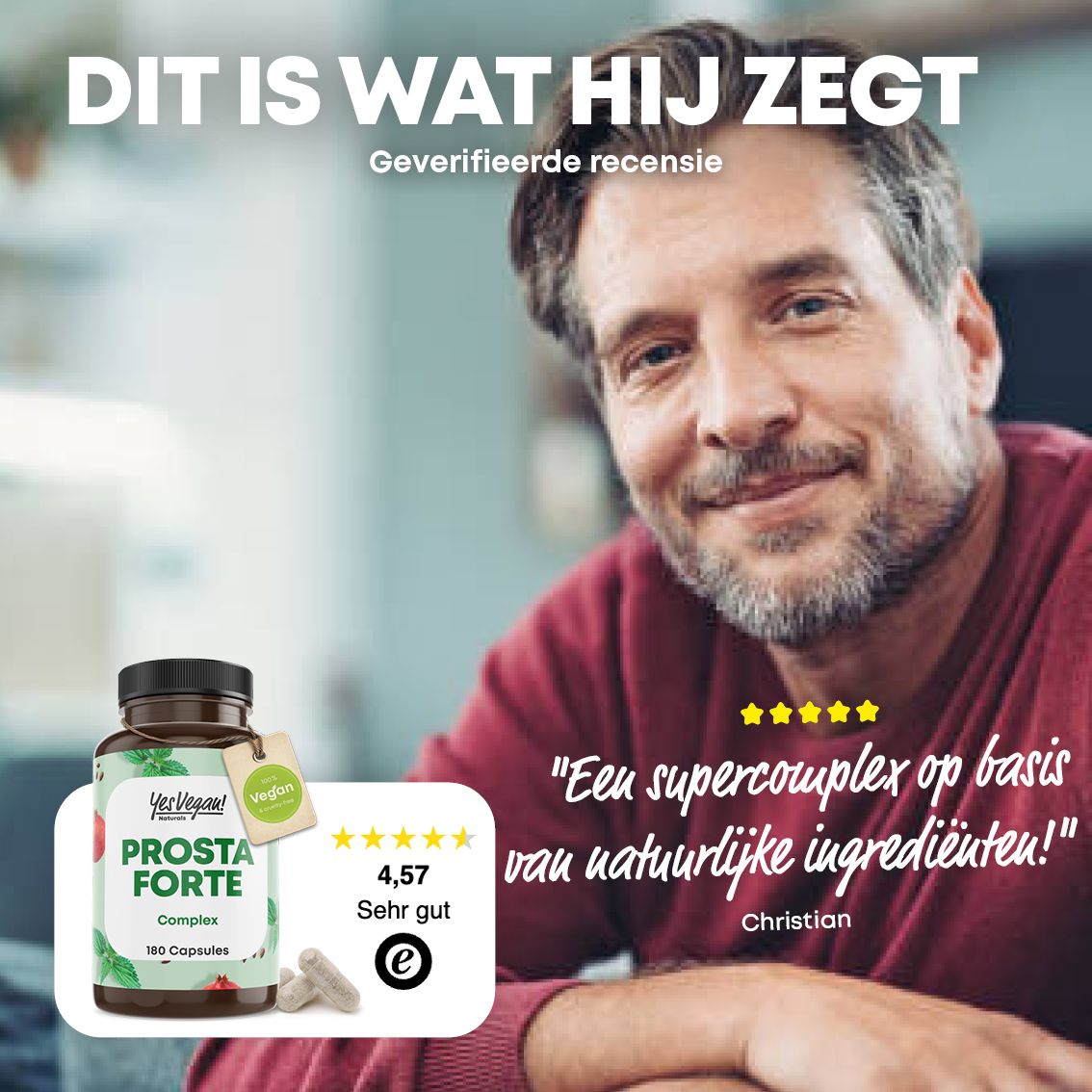 Prosta Forte Komplex fles met 180 capsules, met een vegan keurmerk en twee capsules.