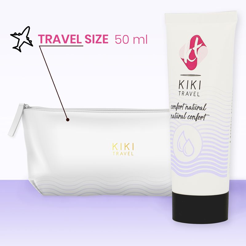 Tube de gel lubrifiant Kiki Travel (50 ml) et une trousse de toilette transparente.