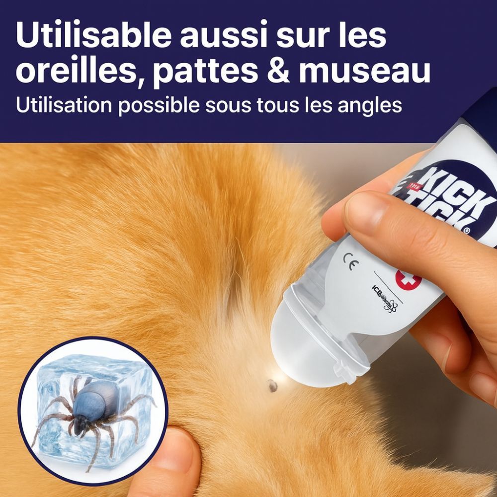 Chat avec tique à l'oreille. Application du spray. Logo : Kick the Tick. Texte : Utilisable aussi sur les oreilles, pattes et museau.