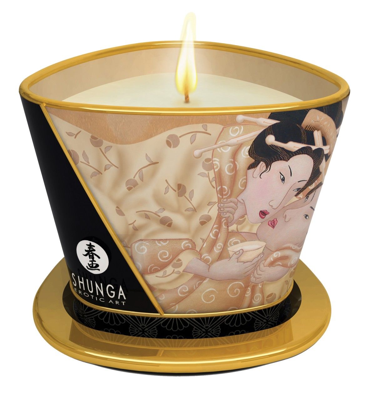 Bougie parfumée allumée avec motif érotique et bordure dorée sur sous-verre.