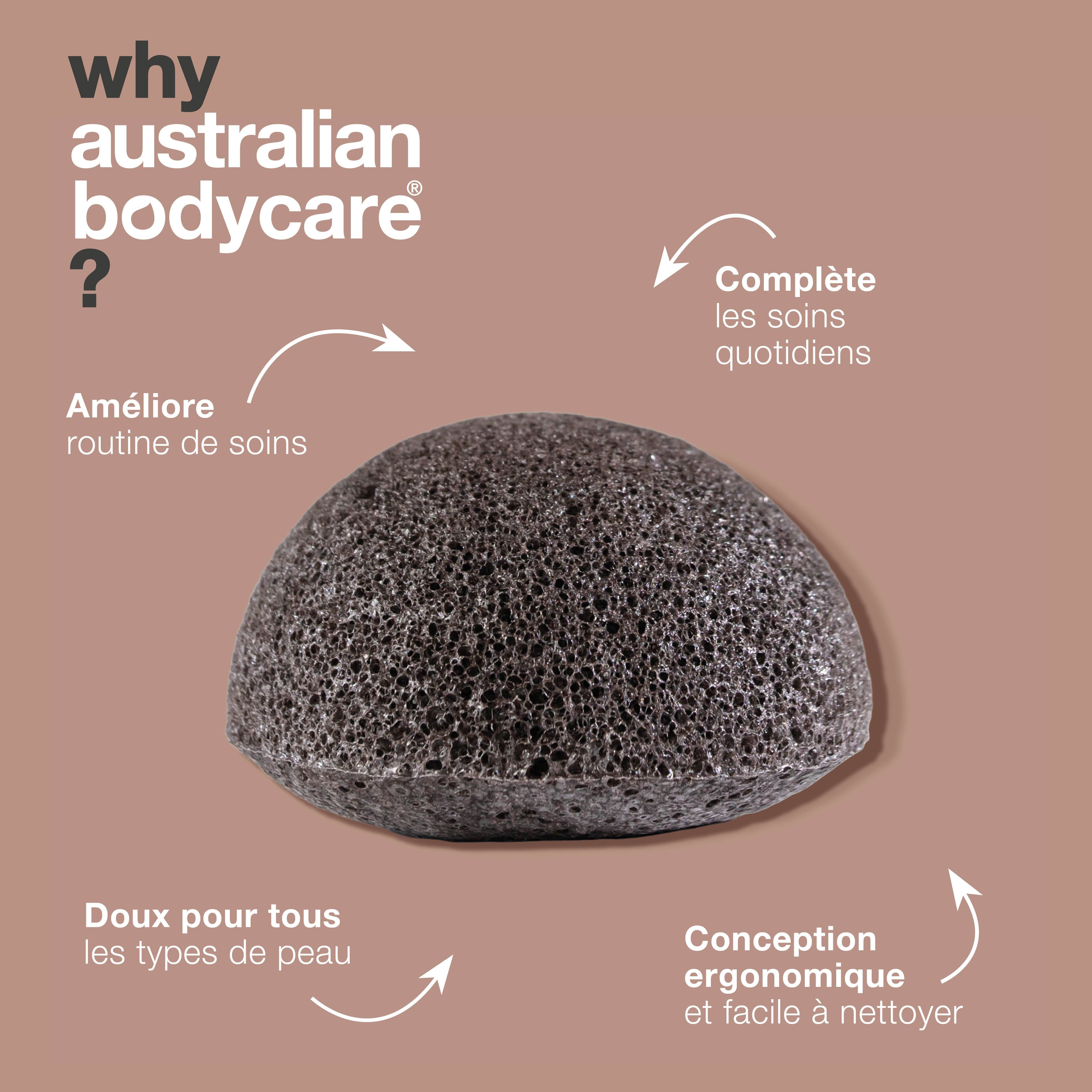 Éponge Konjac. Texte : Pourquoi Australian Bodycare ? Améliore la routine de soins, pour tous types de peau, design ergonomique.