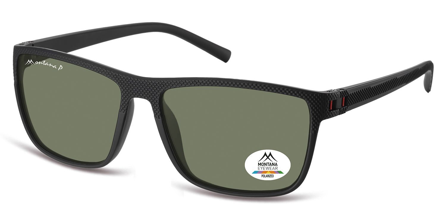Lunettes de soleil, monture noire, verres rectangulaires. Logo 'Montana Eyewear' sur la branche. Autocollant 'Polarized'.