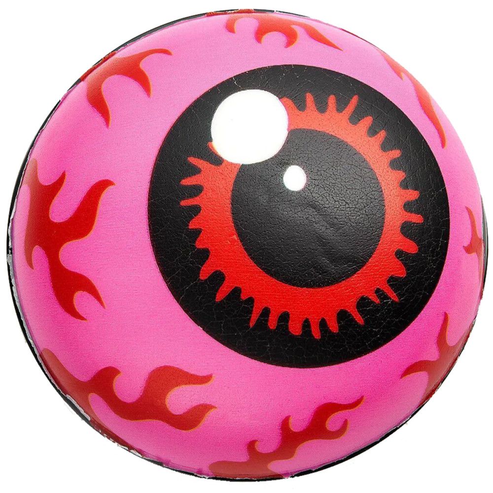 Roze bol met rood oogontwerp. Rode iris, zwarte pupil, rood vlammenpatroon. Zwarte rand.