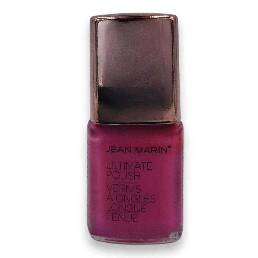 Flacon de vernis à ongles Jean Marin Ultimate Polish. Couleur rose avec bouchon argenté. Texte: Vernis à Ongles Longue Tenue.