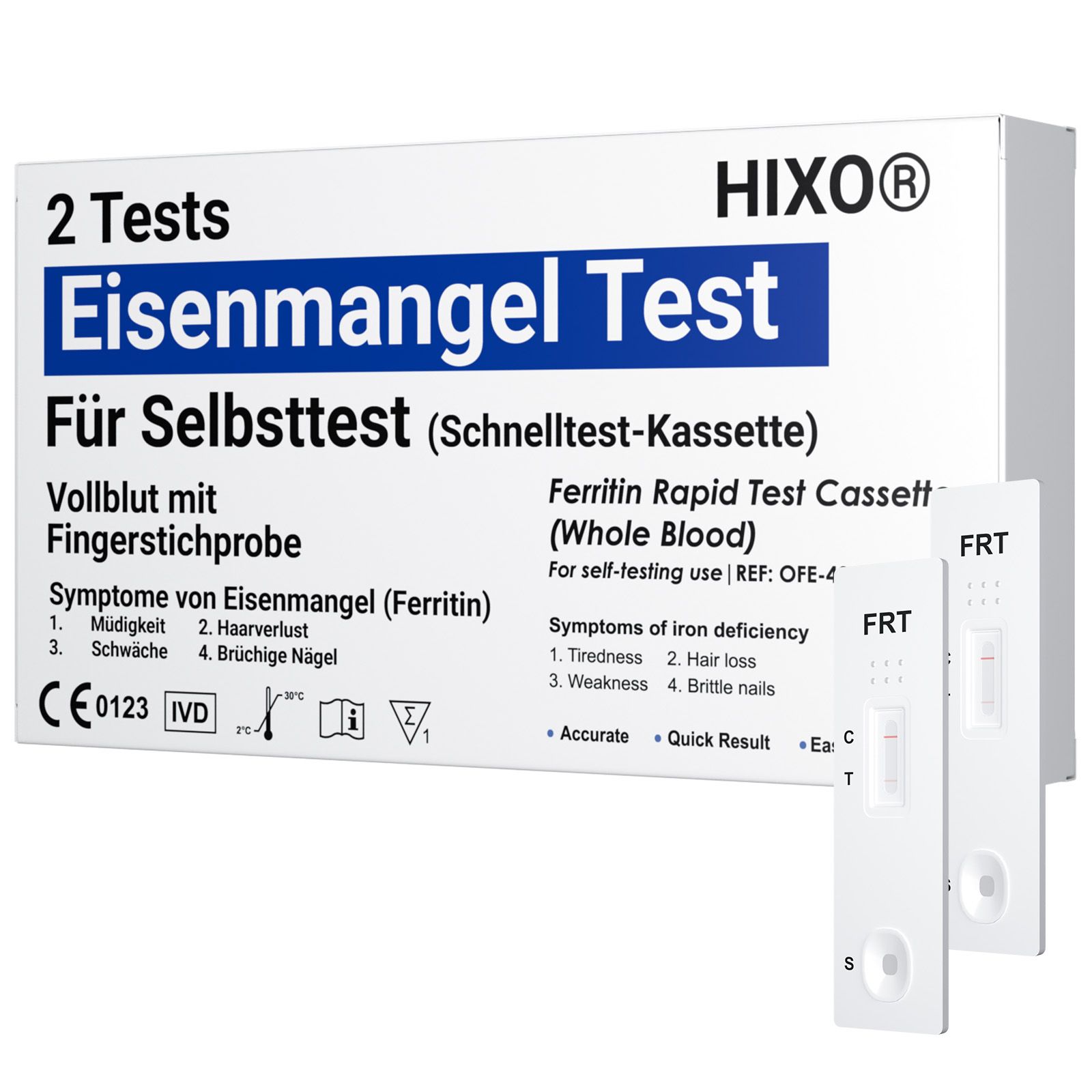Boîte de 2 tests HIXO pour la carence en fer. Contient des cassettes de test. Inscription : Test de carence en fer, pour autotest. Avec marquage CE et symbole IVD.