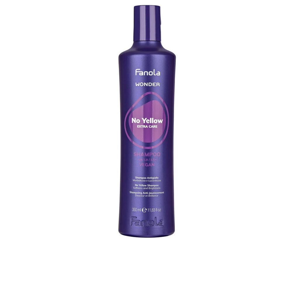 Flacon de shampooing violet "Fanola No Yellow Extra Care". Bouchon violet, nom du produit et logo visibles.