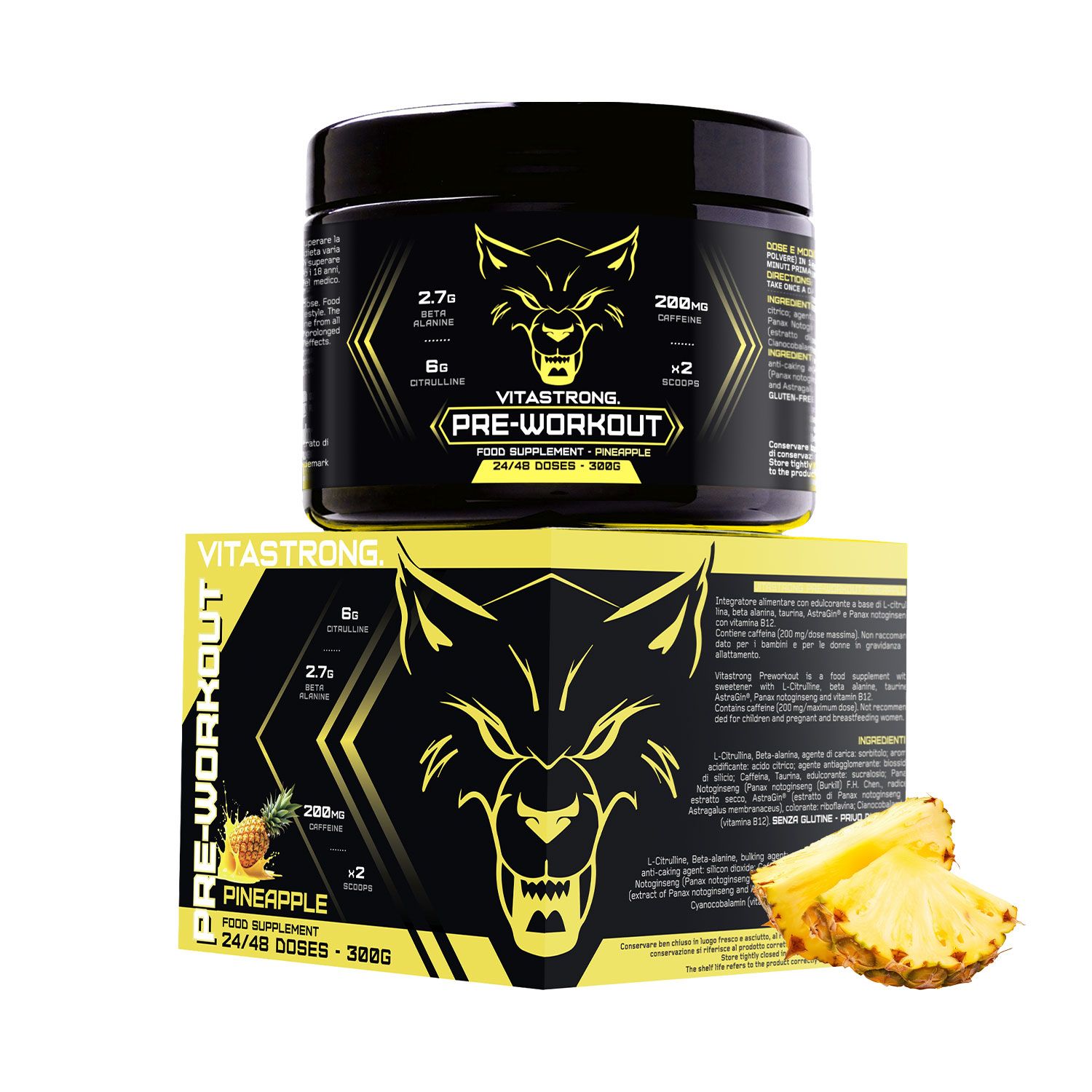 Zwarte pot en doos met gele accenten. Opschrift: Vitastrong Pre-Workout. Ananassmaak. 300g.