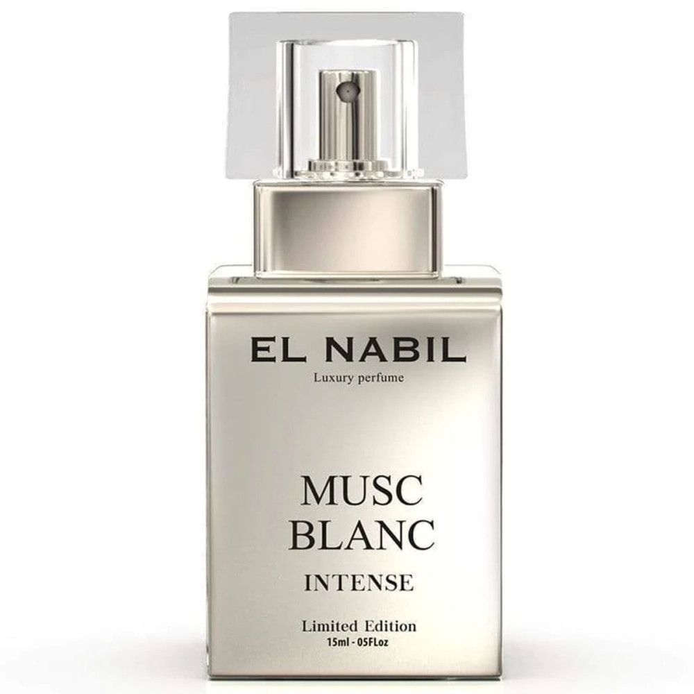 Flacon de parfum avec bouchon argenté. Flacon rectangulaire transparent. Inscription : El Nabil, Musc Blanc Intense.