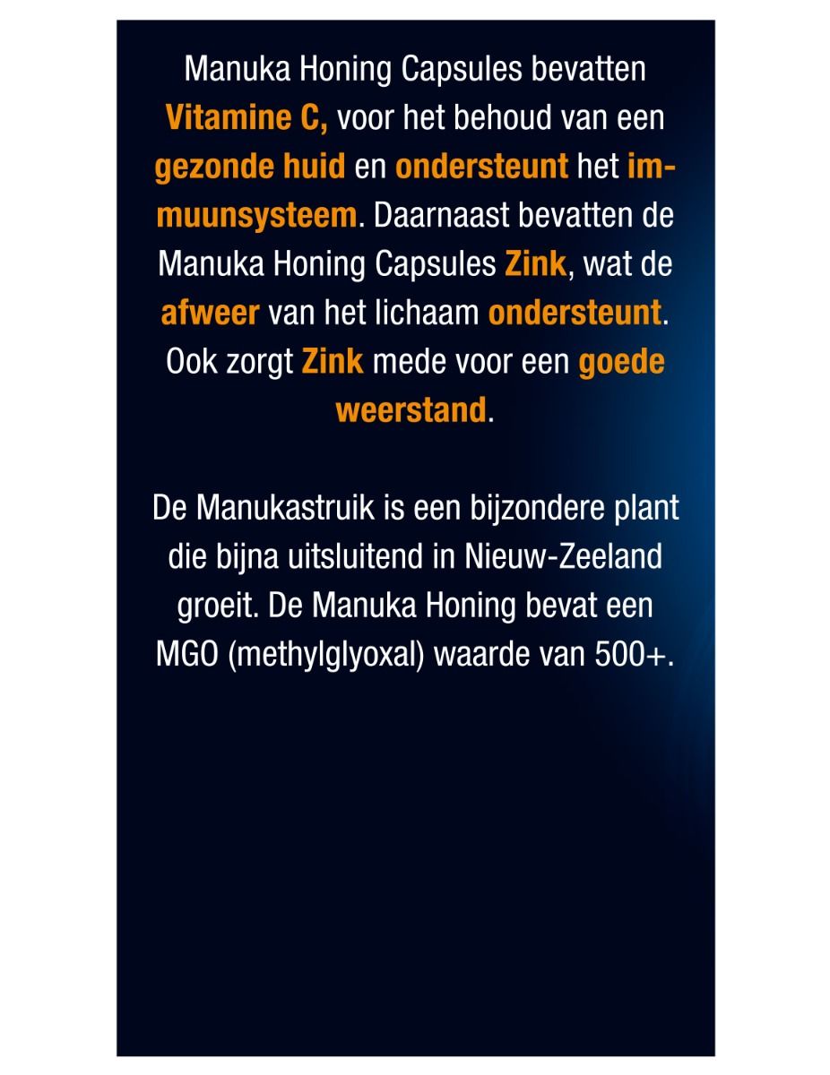 Texte sur l'emballage de Lucovitaal Manuka Honing Zink. Informations sur les ingrédients et leurs effets sur le corps.