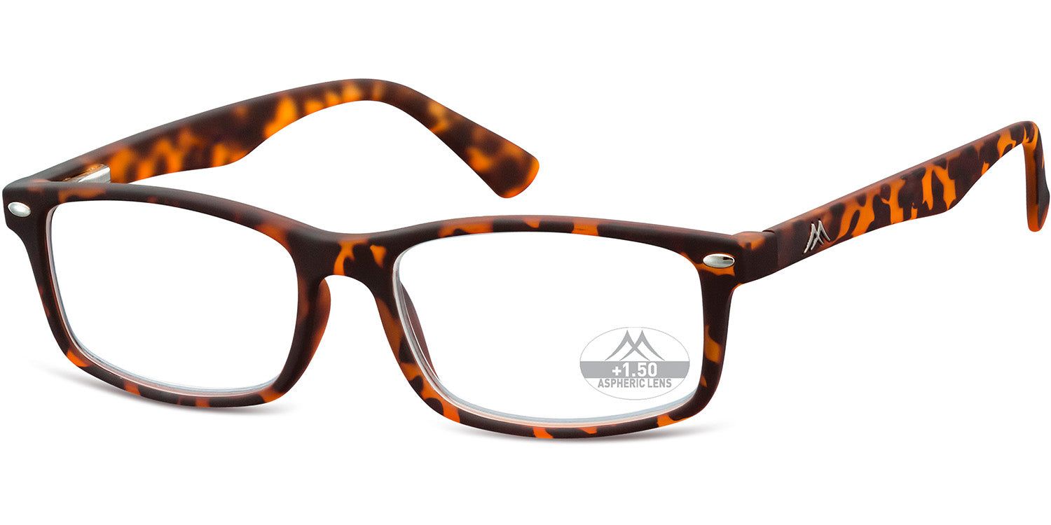Lunettes marron avec monture et verres. Marquage +1.50 sur le verre. Branches avec logo.