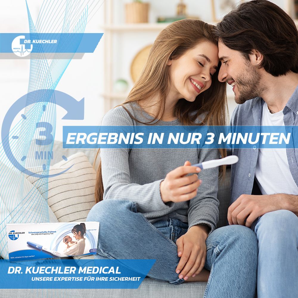 Couple heureux tenant un test de grossesse. "Résultat en 3 minutes".