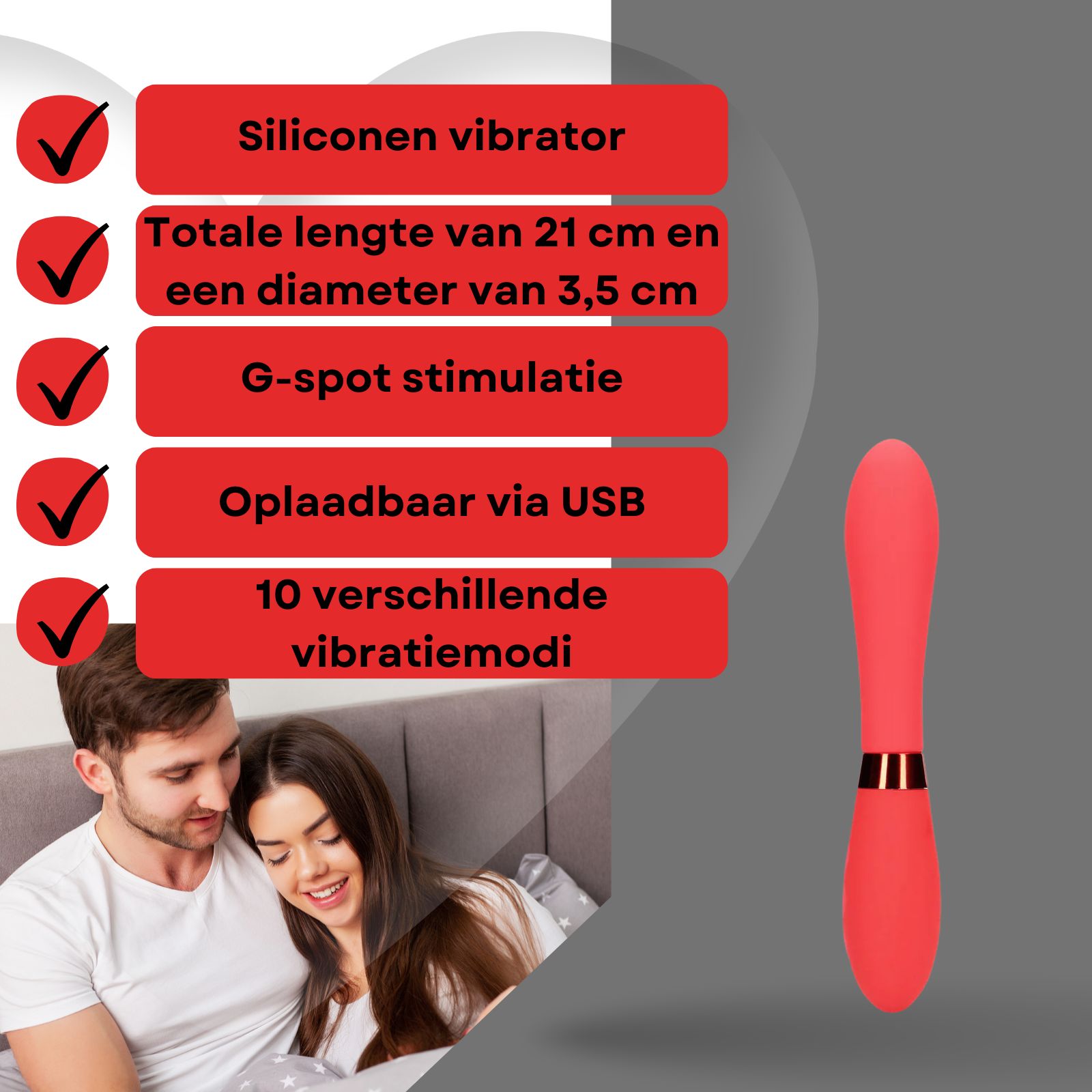 Vibrateur rouge à côté d'une liste de caractéristiques : silicone, 21cm, point G, rechargeable USB, 10 modes.