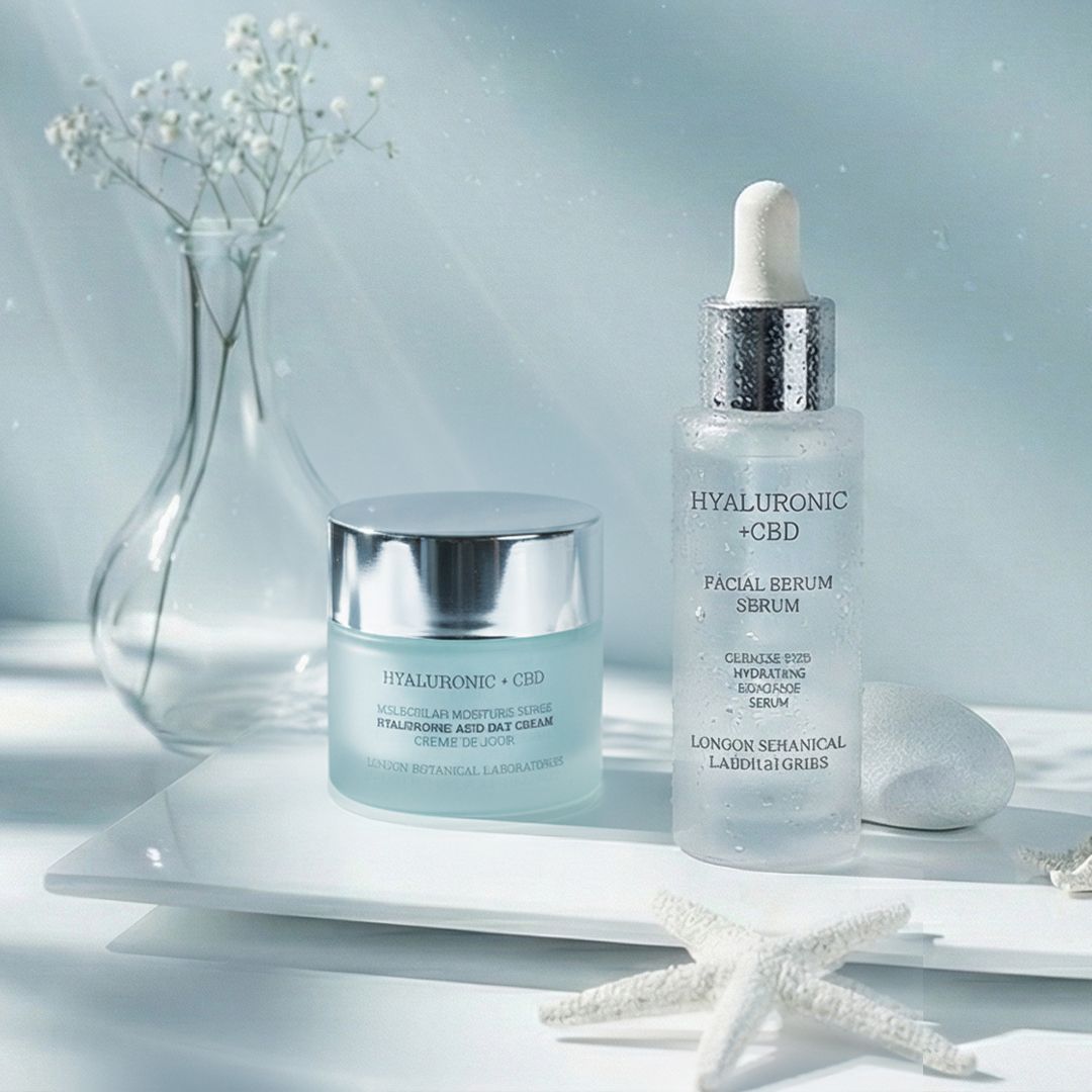 Coffret London Botanical Laboratories Hyaluron + CBD avec crème visage et sérum.