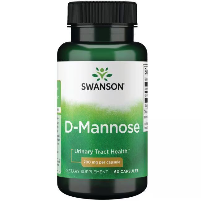 Flacon vert avec bouchon noir. Étiquette avec "SWANSON", "D-Mannose", "700 mg par capsule" et "60 capsules".