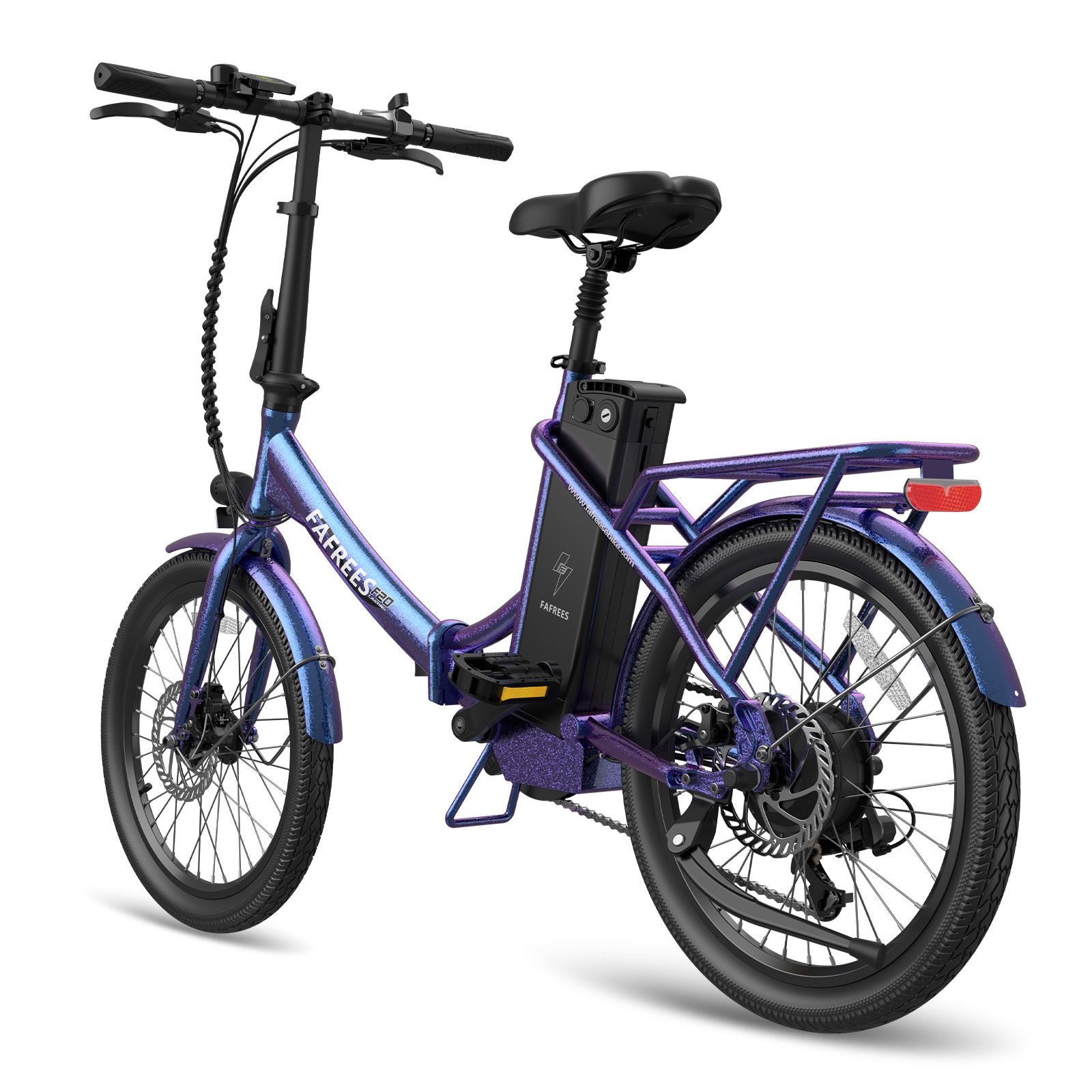 Vélo électrique bleu-violet avec selle noire et porte-bagages. Marque FAFREES.