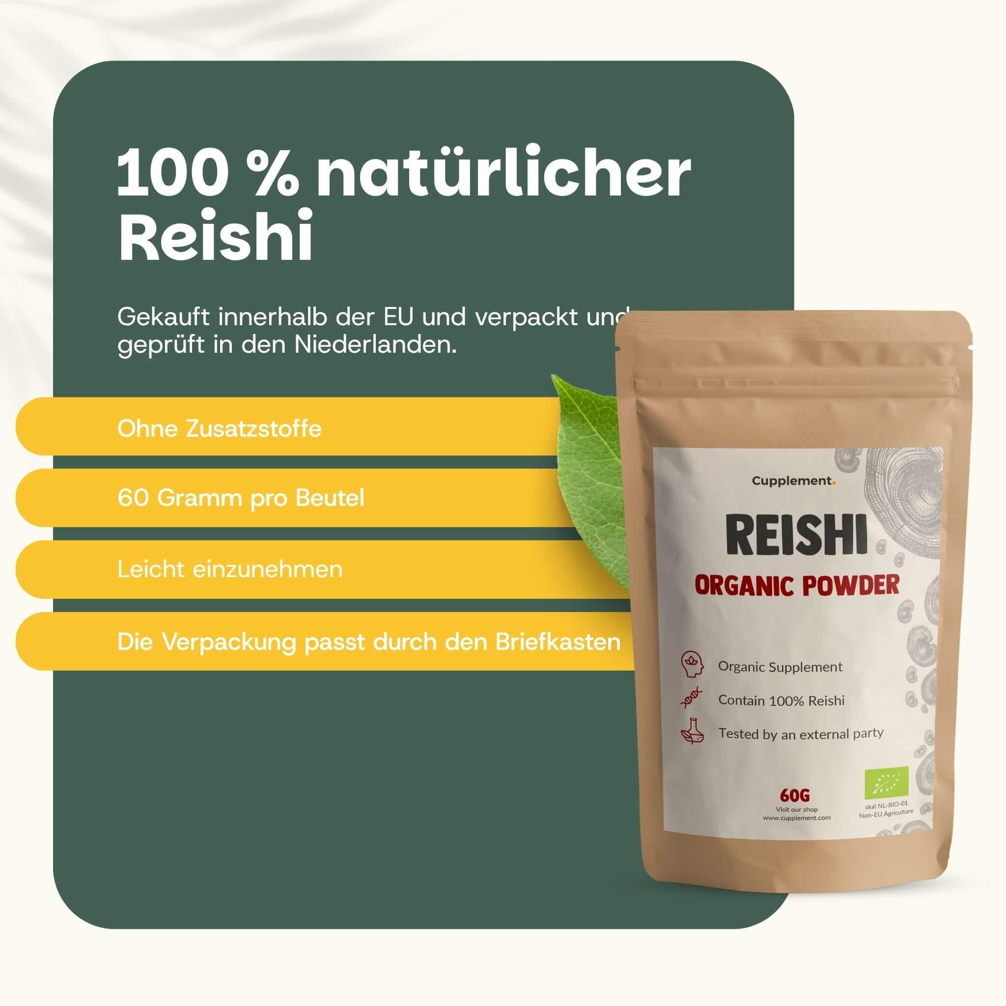 Sachet en papier brun de poudre bio de Reishi, 60g. Contient 100% Reishi. Certifié bio.