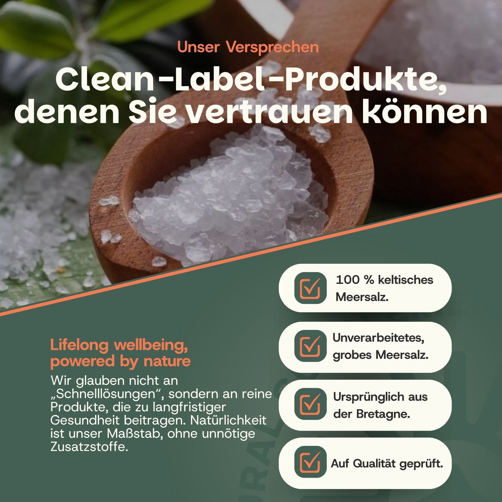 Informations sur les ingrédients pour "Sel de mer celtique" 250g, avec sceaux "Vegan" et "Sans gluten".