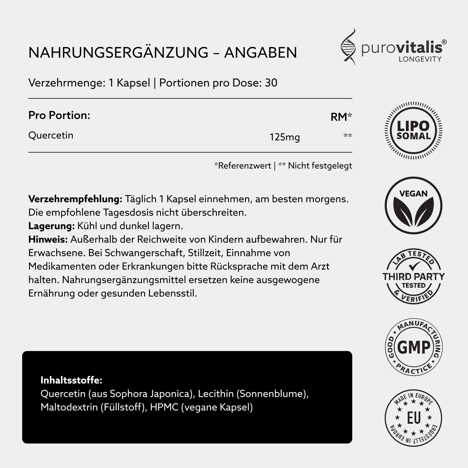 Informations sur les compléments alimentaires. Contient : Quercétine 125mg. Vegan, testé en laboratoire, GMP. Flacon 30 gélules.