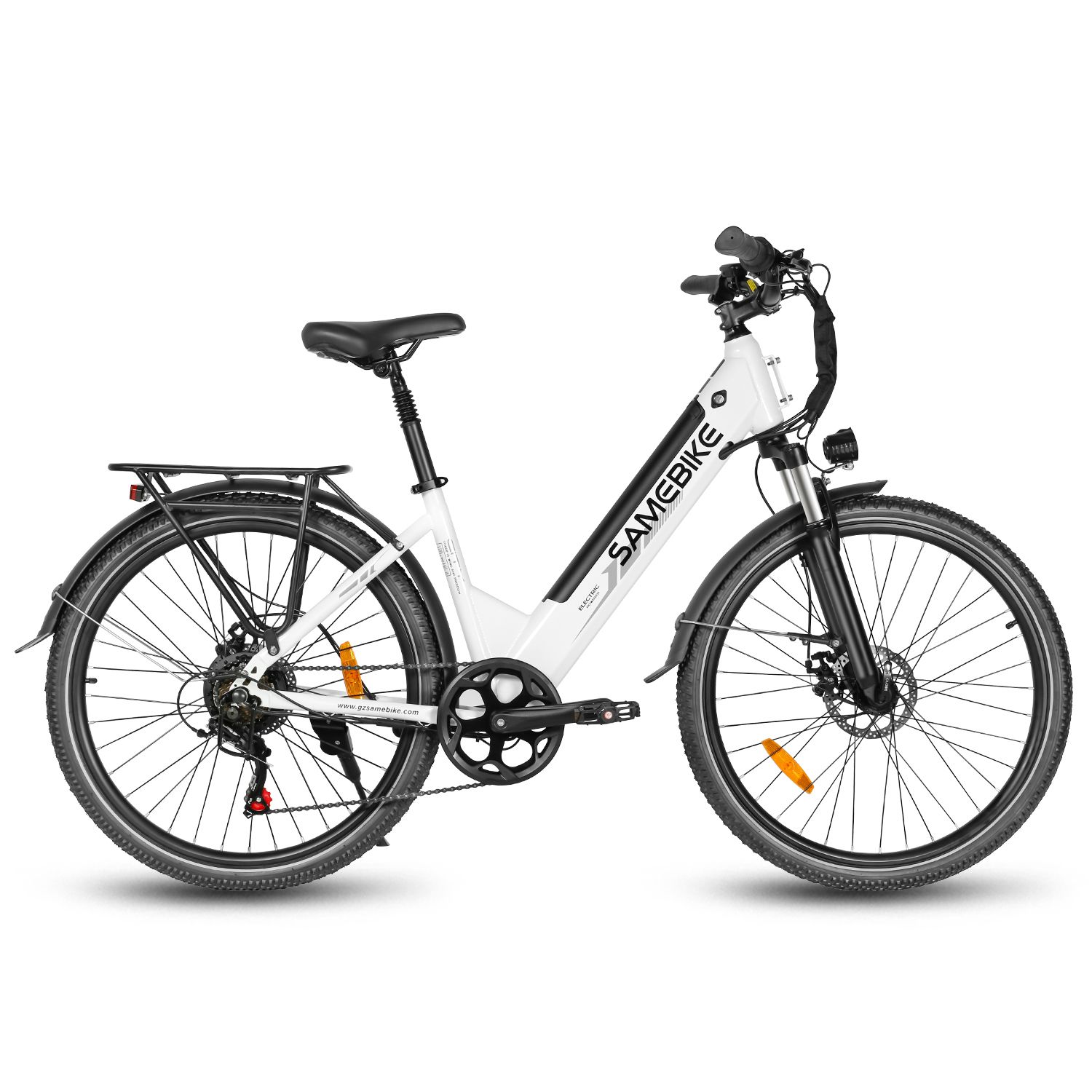 Vélo électrique blanc et noir. Marque SAMEBIKE. Feux avant et arrière. Porte-bagages.