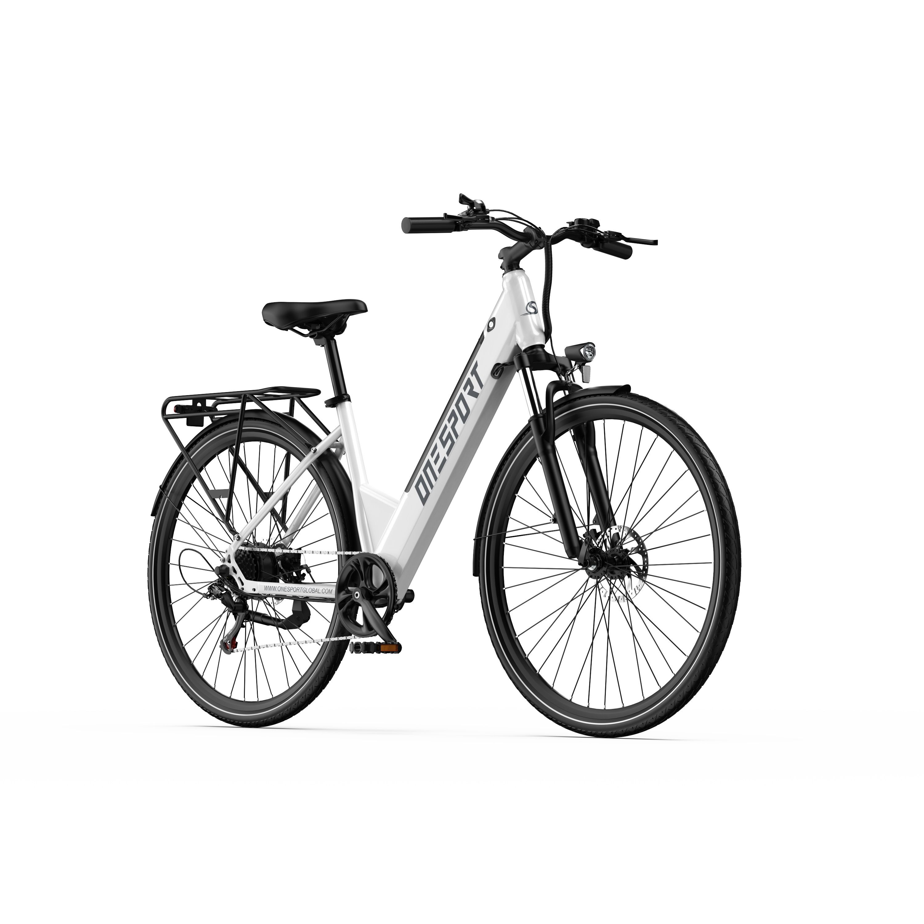 Vélo électrique blanc avec éléments noirs. Logo ONE SPORT sur le cadre. Porte-bagages arrière.