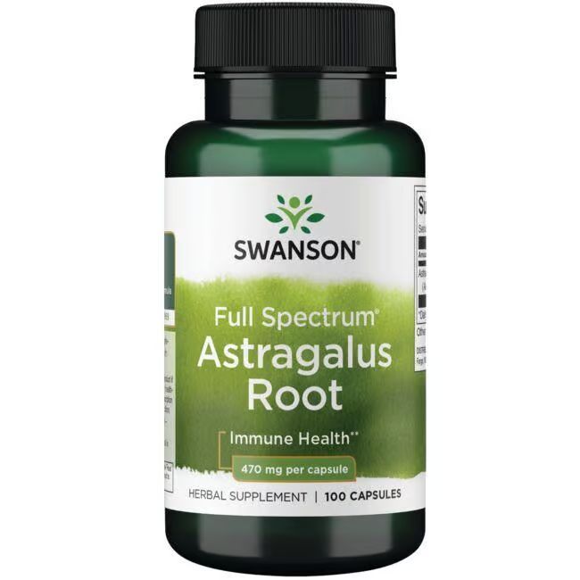 Groene fles met zwarte dop. Opschrift: SWANSON Astragalus Root, 470 mg per capsule, 100 capsules.