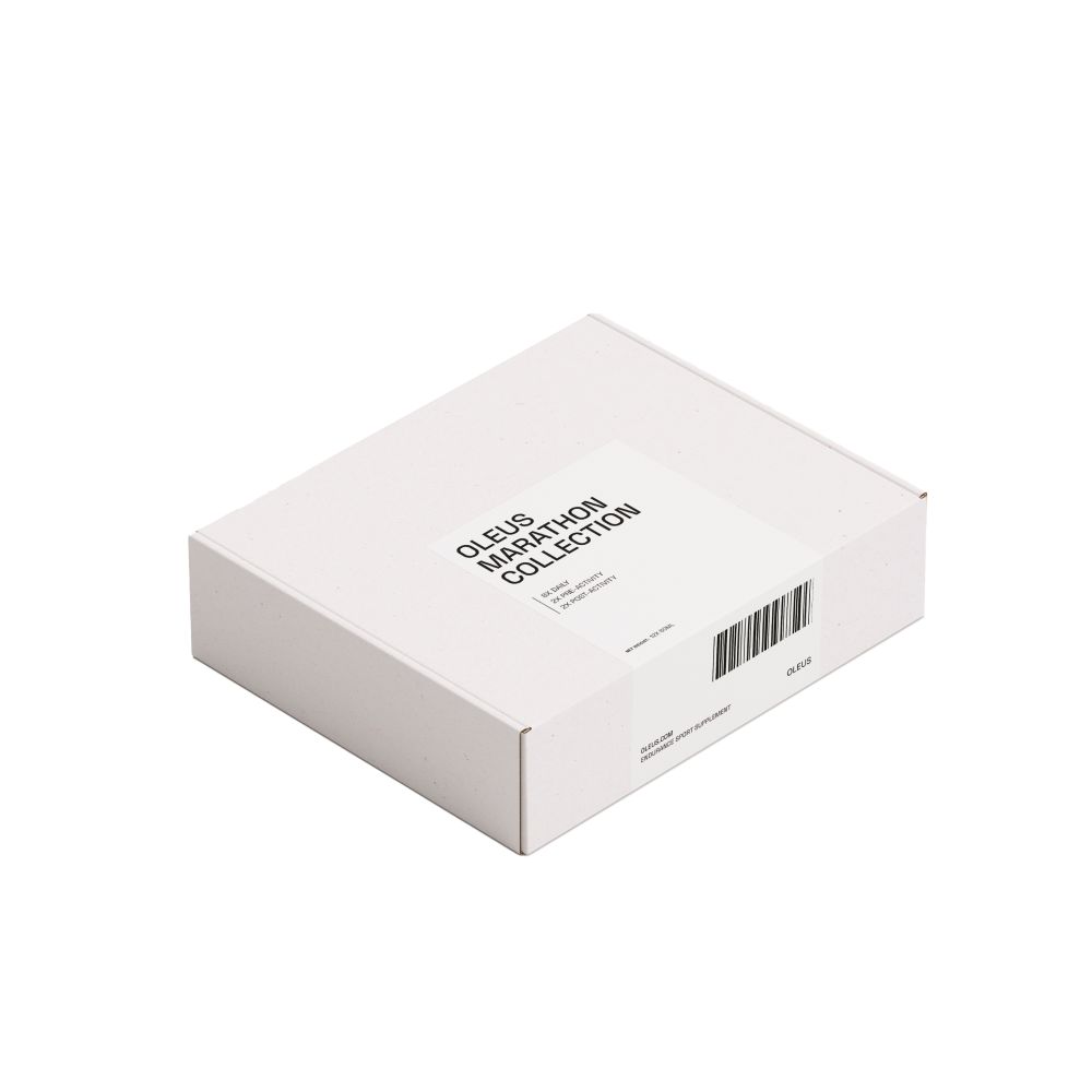 Witte verpakking met OLEUS MARATHON COLLECTION en barcode.