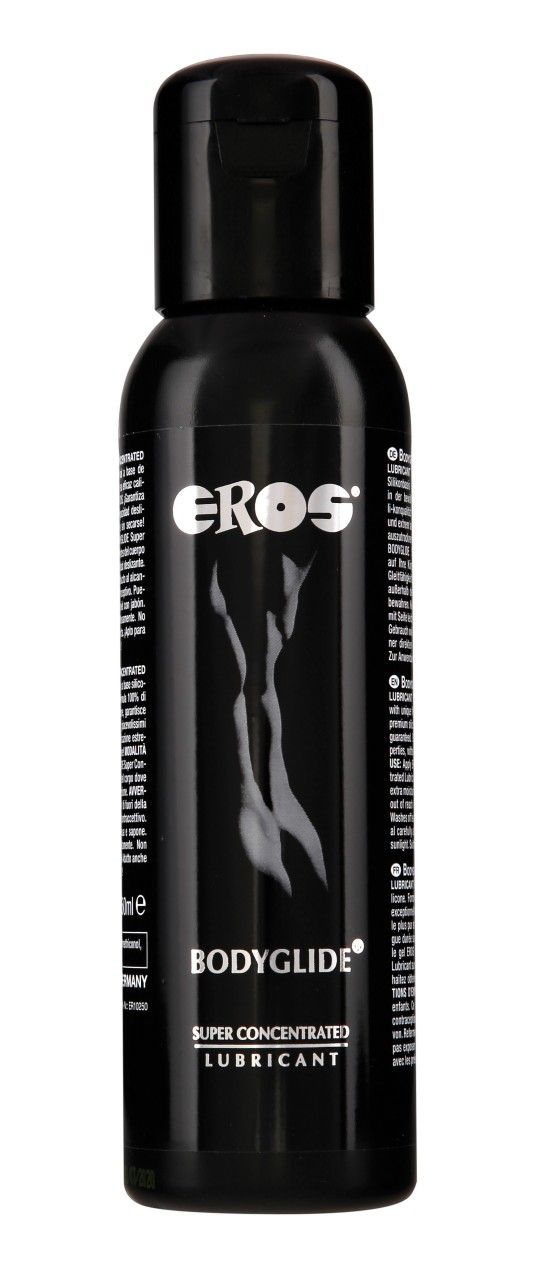 Flacon noir avec inscription EROS BODYGLIDE Super Concentrated Lubricant et silhouette corporelle.