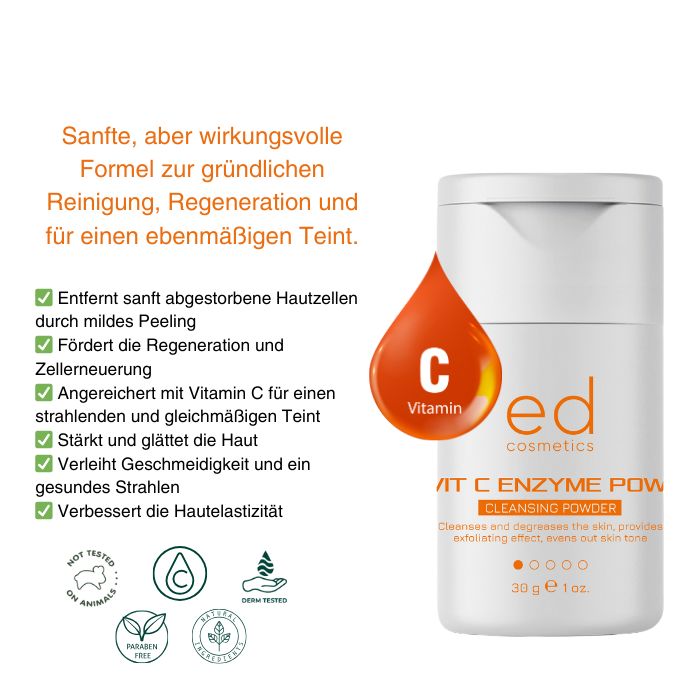 Flacon blanc avec texte et illustrations. Goutte orange avec 'C Vitamine'. Texte: ED COSMETICS, VIT C ENZYME POW, CLEANSING POWDER.