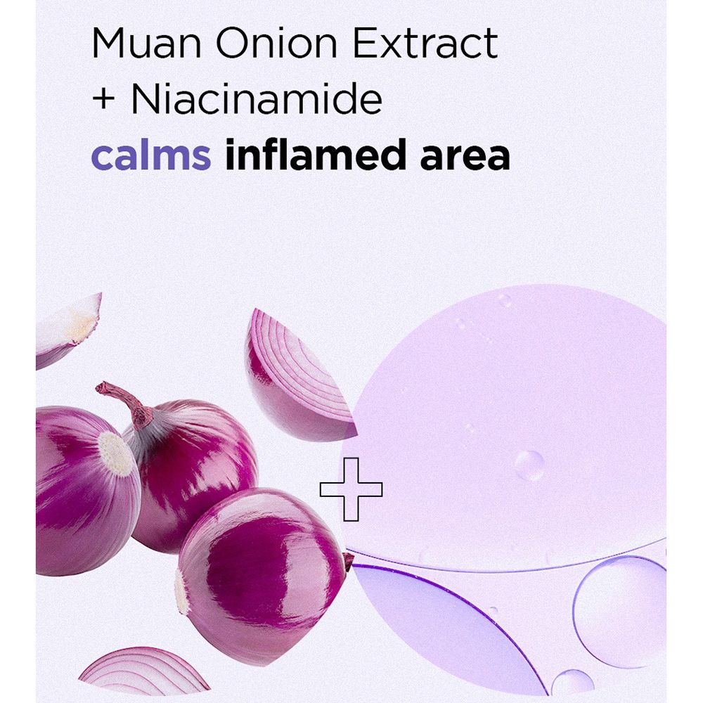 Afbeelding van uien, uienringen en een vloeistof. Tekst: Muan Onion Extract + Niacinamide, kalmeert ontstoken gebieden.