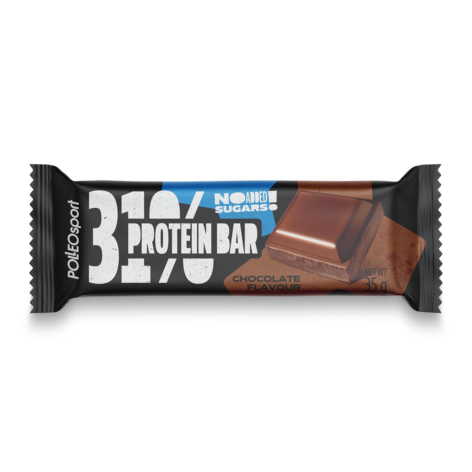 Zwarte eiwitreepverpakking met logo en opschrift '31% Protein Bar'. Chocoladestukje afgebeeld. 'Chocolate flavour'.