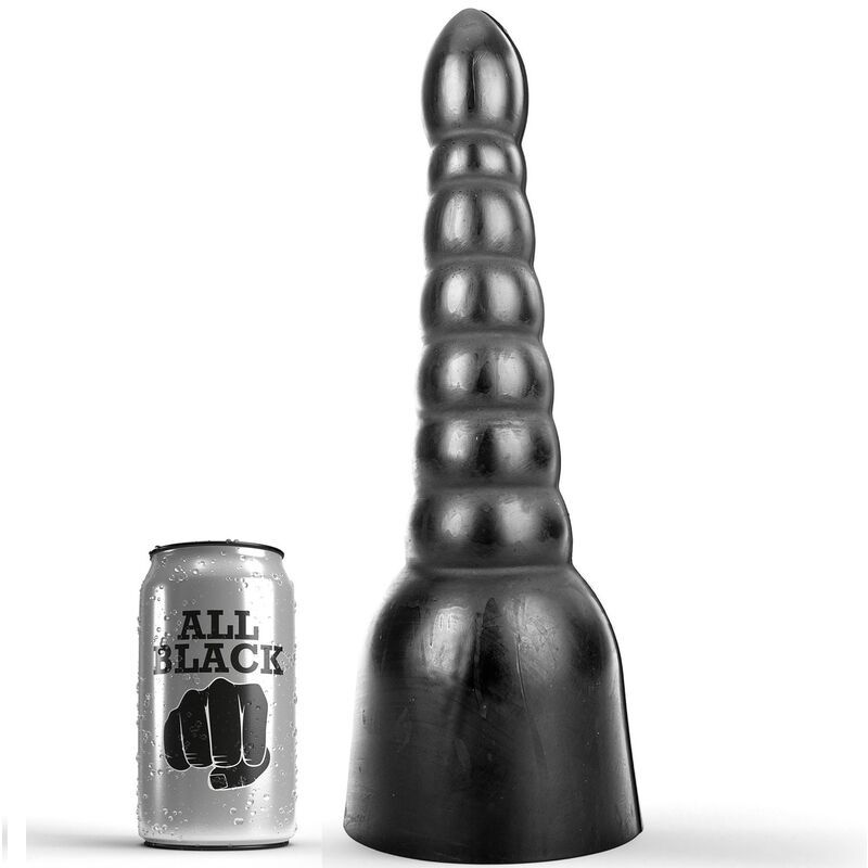 Dildo noir étagé à côté d'une canette. Largeur base env. 15cm.