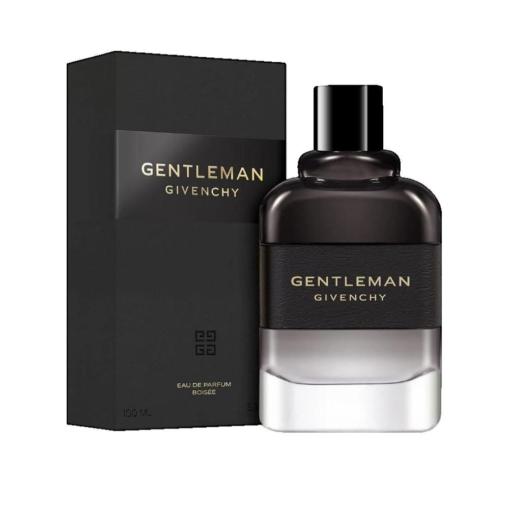 Zwarte fles en verpakking. Opschrift: GENTLEMAN GIVENCHY. Fles met zwarte dop. Verpakking met logo.