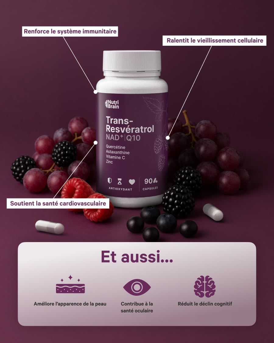 Bouteille de NUTRIBRAIN Trans-Resveratrol NAD+ Q10 entourée de baies, avec explications.