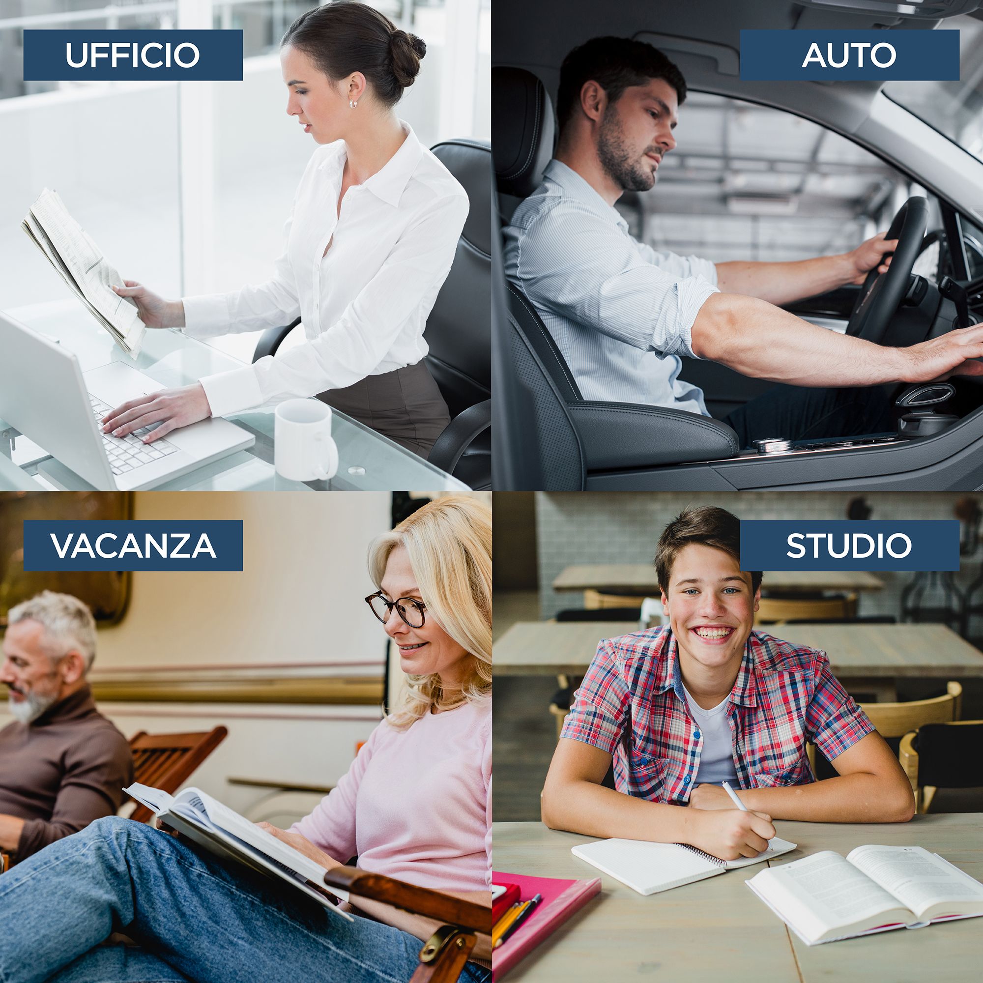 Vier scenario's: kantoor, auto, vakantie, studie met het kussen.