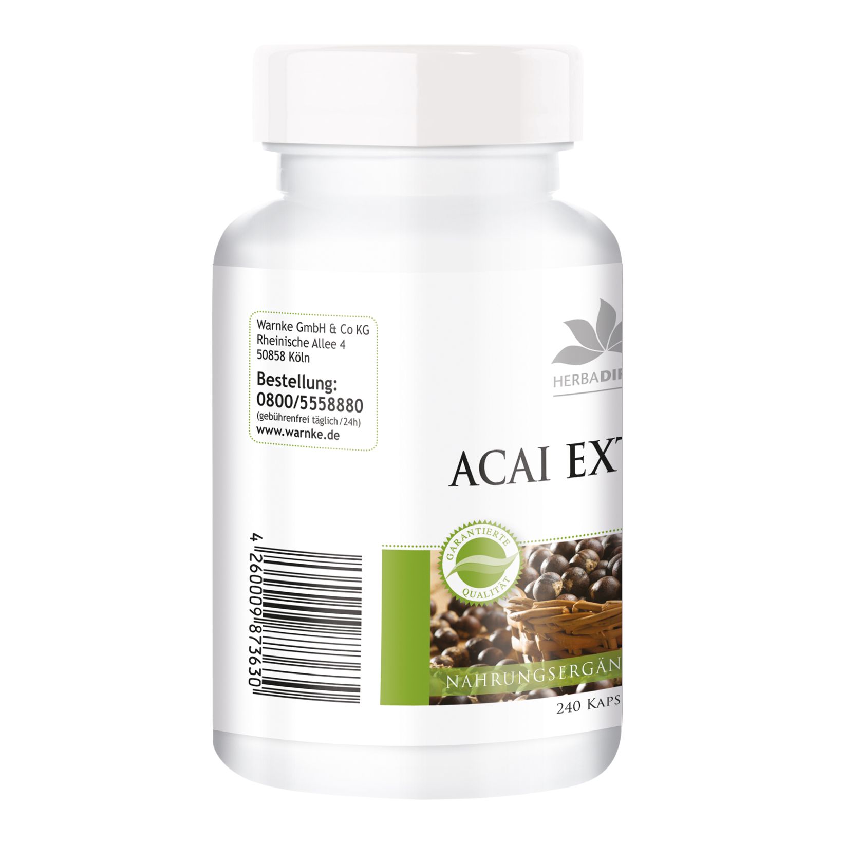 Dos du flacon blanc. Inscription: Acai Extrakt, Herbadirekt, 240 capsules. Logo et coordonnées de Warnke GmbH & Co KG. Sceau: Qualité garantie.