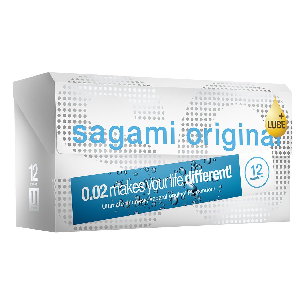 Witte verpakking met blauwe tekst. Opschrift: Sagami Original, 0.02 makes your life different! 12 condooms. Met gele druppel.