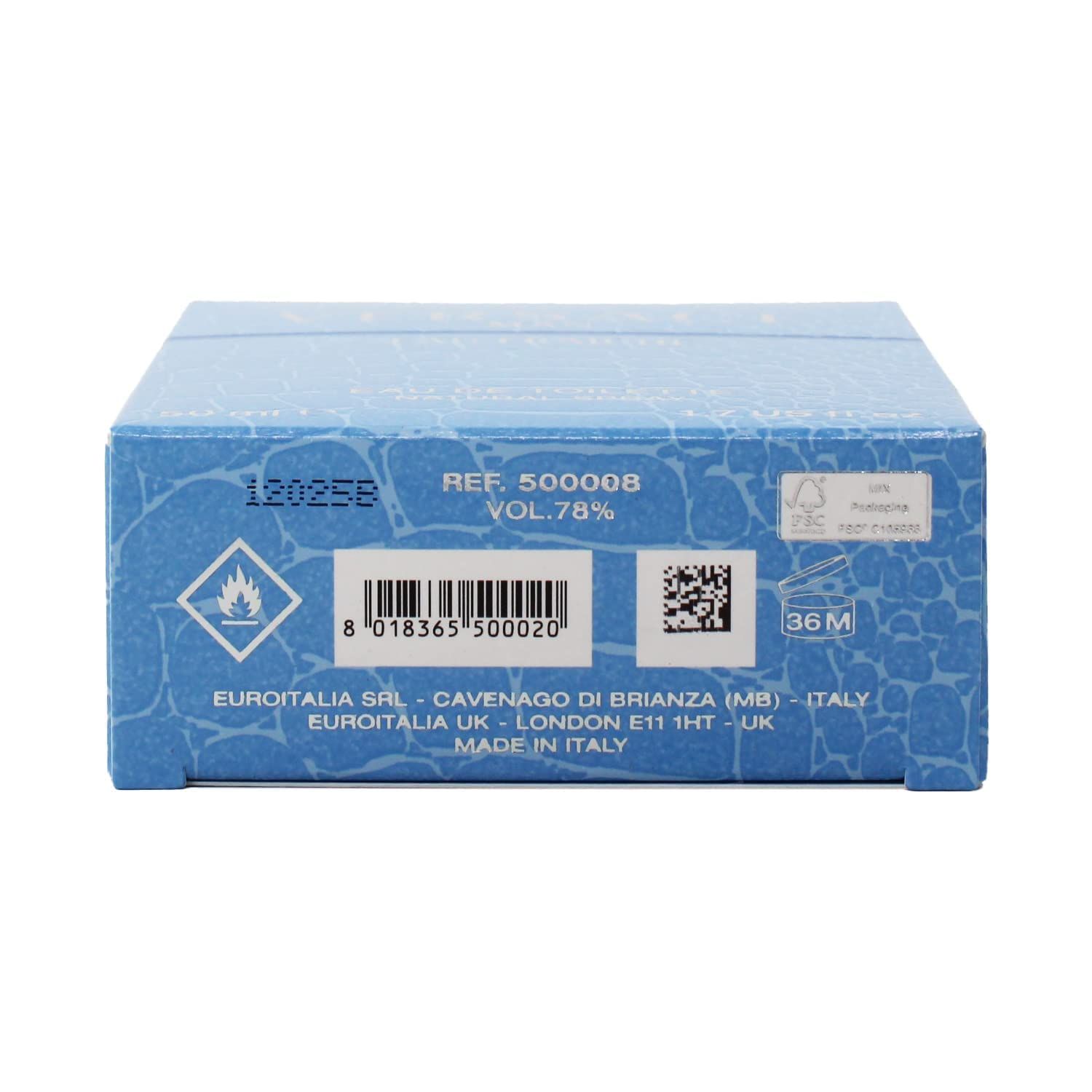 Blauwe verpakking. Tekst: REF. 500008, VOL.78%, barcode, waarschuwingen, 36M. Made in Italy.