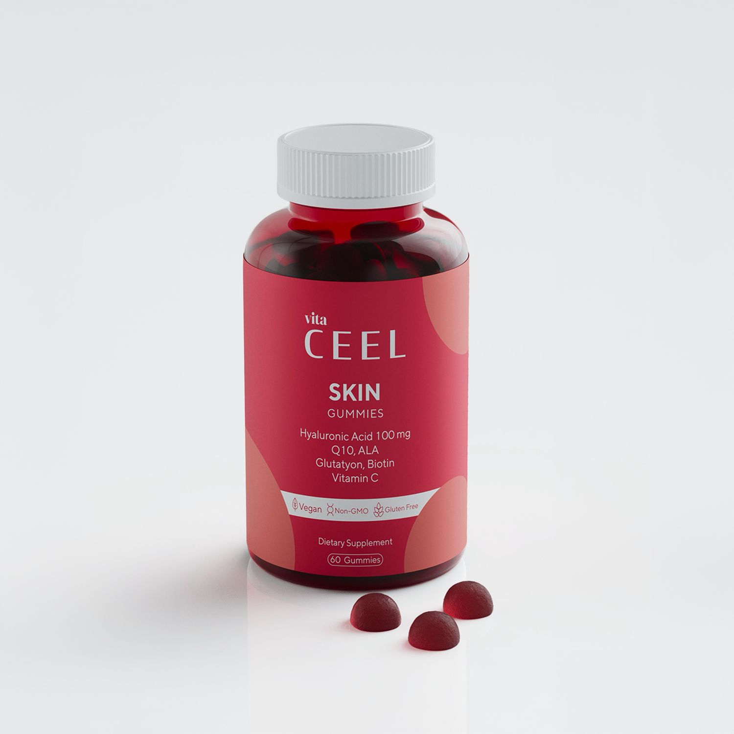 Rode fles met vita CEEL SKIN GUMMIES etiket. Bevat hyaluronzuur, Q10, ALA, glutathion, biotine, vitamine C. Vegan, Non-GMO, Glutenvrij.