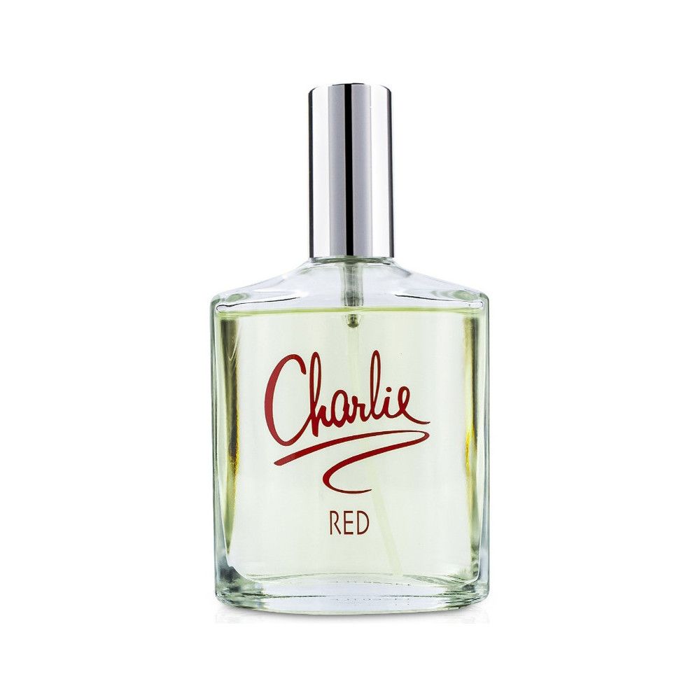 Flacon en verre avec vaporisateur argenté. Inscription rouge 'Charlie RED'.