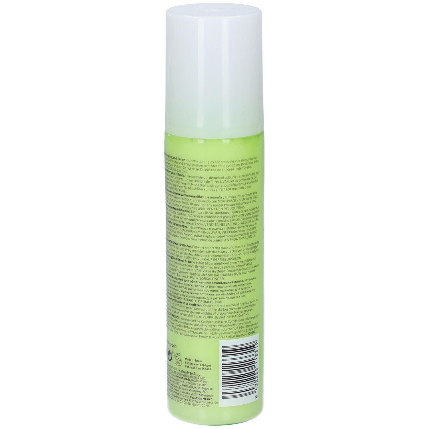 Flacon vert avec bouchon blanc. Texte: Revlon Professional Equave Kids. Démêlant.