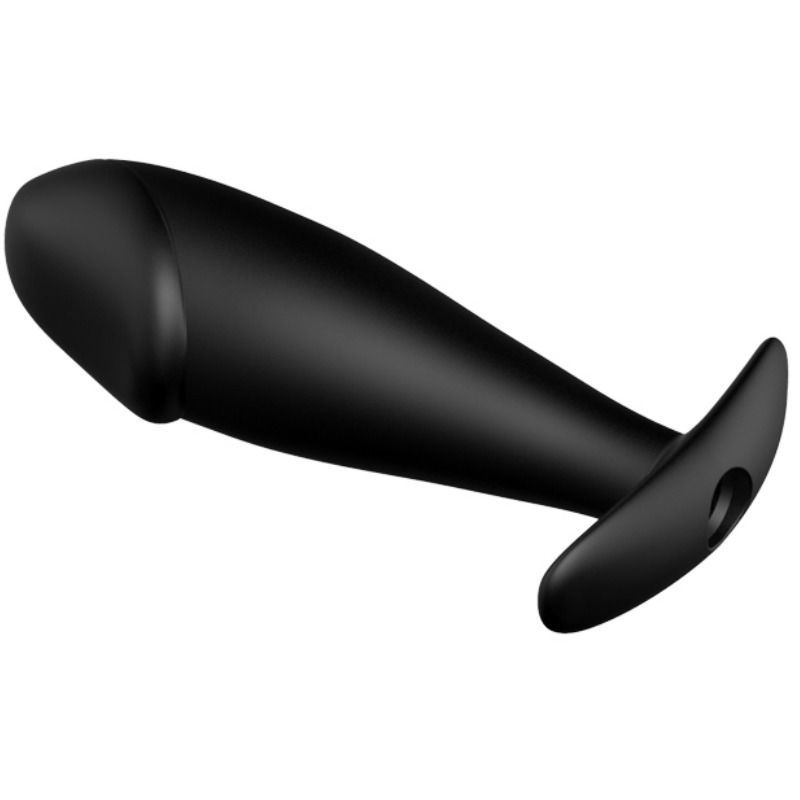 Zwarte siliconen anale plug, schuin van de zijkant gezien, met T-vormige basis.