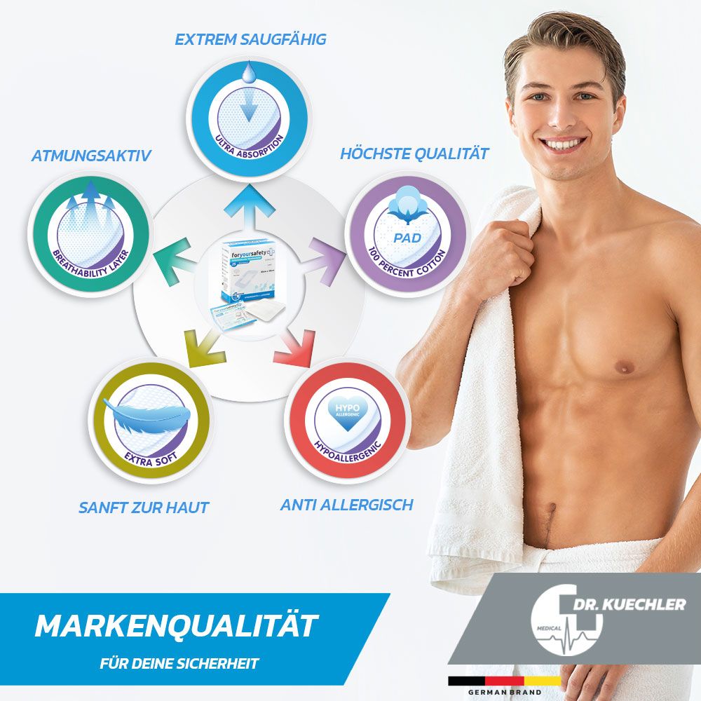 Graphique avec caractéristiques du produit. Inscription: très absorbant, respirant, extra doux, hypoallergénique, anti-allergique.