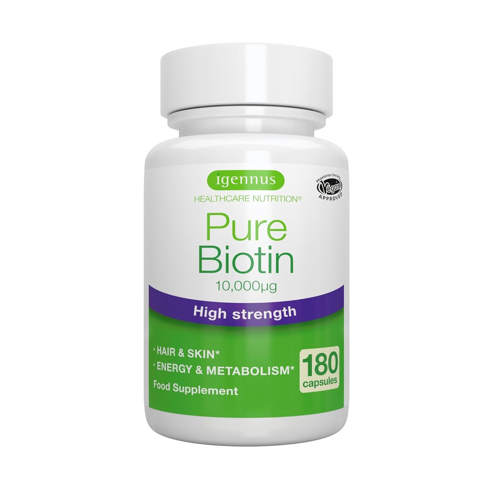 Flacon blanc de Pure Biotin 10,000µg. Contient 180 capsules. Pour cheveux, peau, énergie et métabolisme. Marque Igennus.