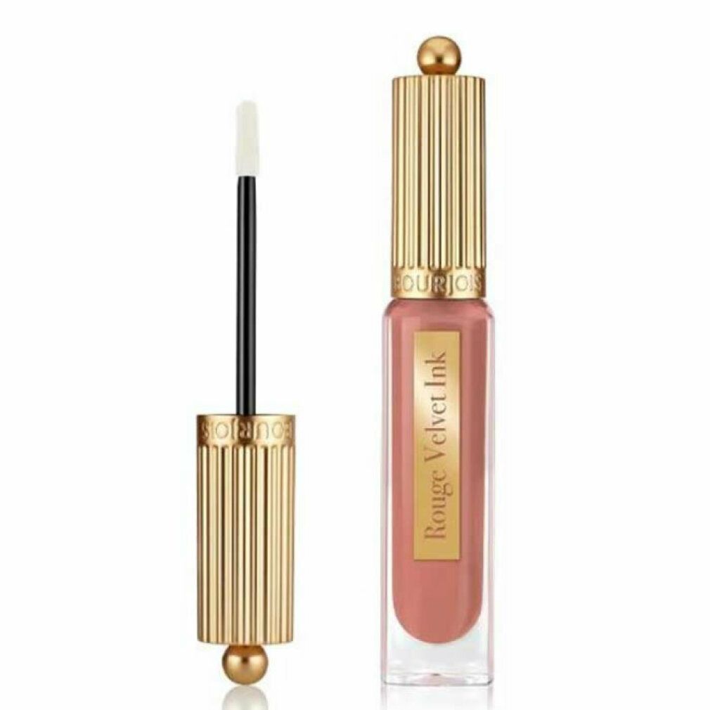 Bourjois Rouge Velvet Ink, teinte 13 Beige Seller. Bouchon doré, flacon transparent, applicateur.