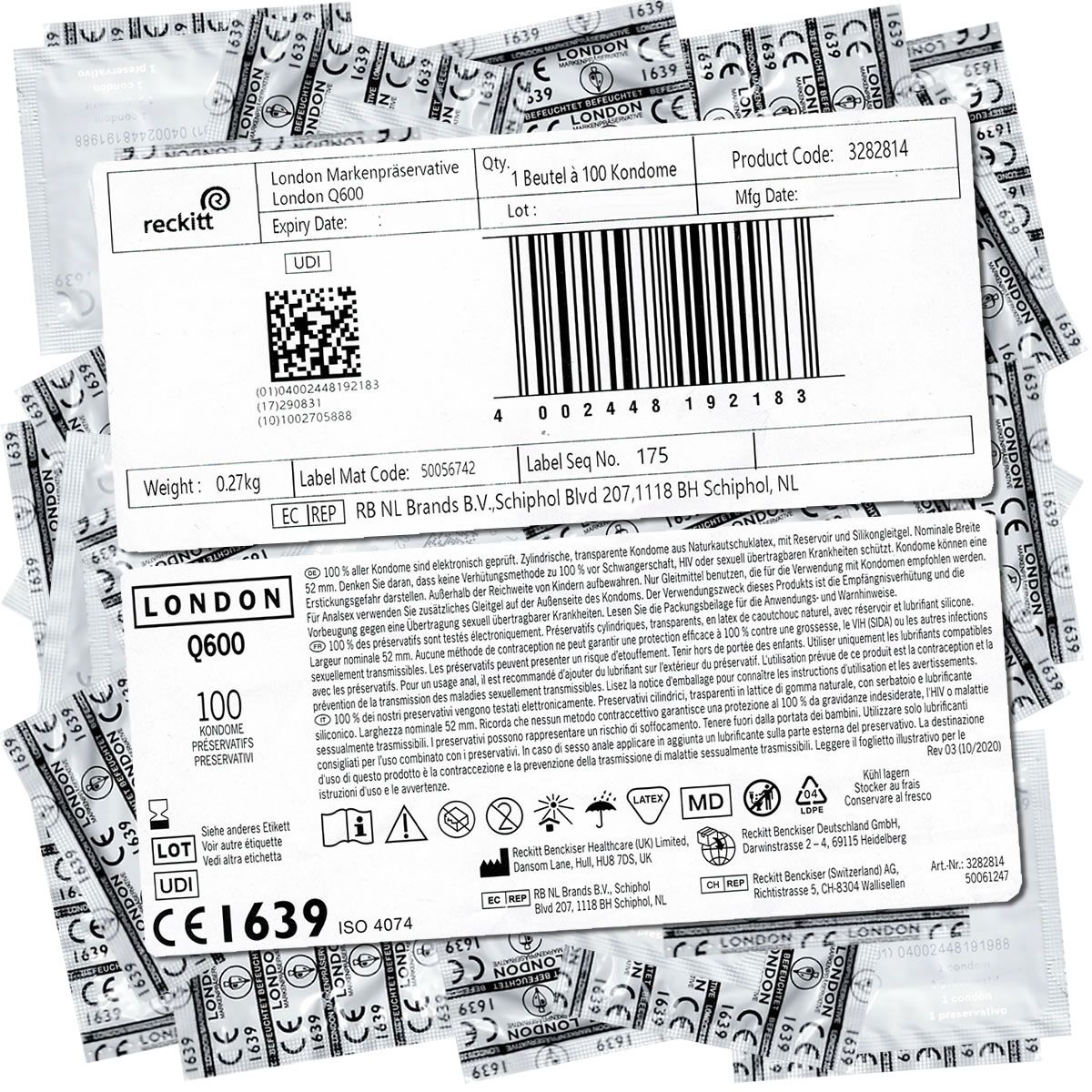 Emballage de préservatifs London Q600. Contient 100 préservatifs. Code-barres et informations.