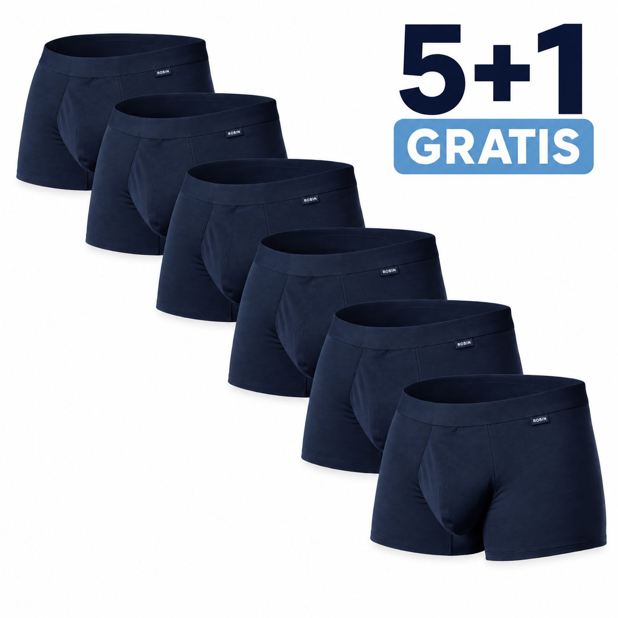 Six boxers d'incontinence Robin bleu foncé, empilés. Mention "5+1 GRATUIT".
