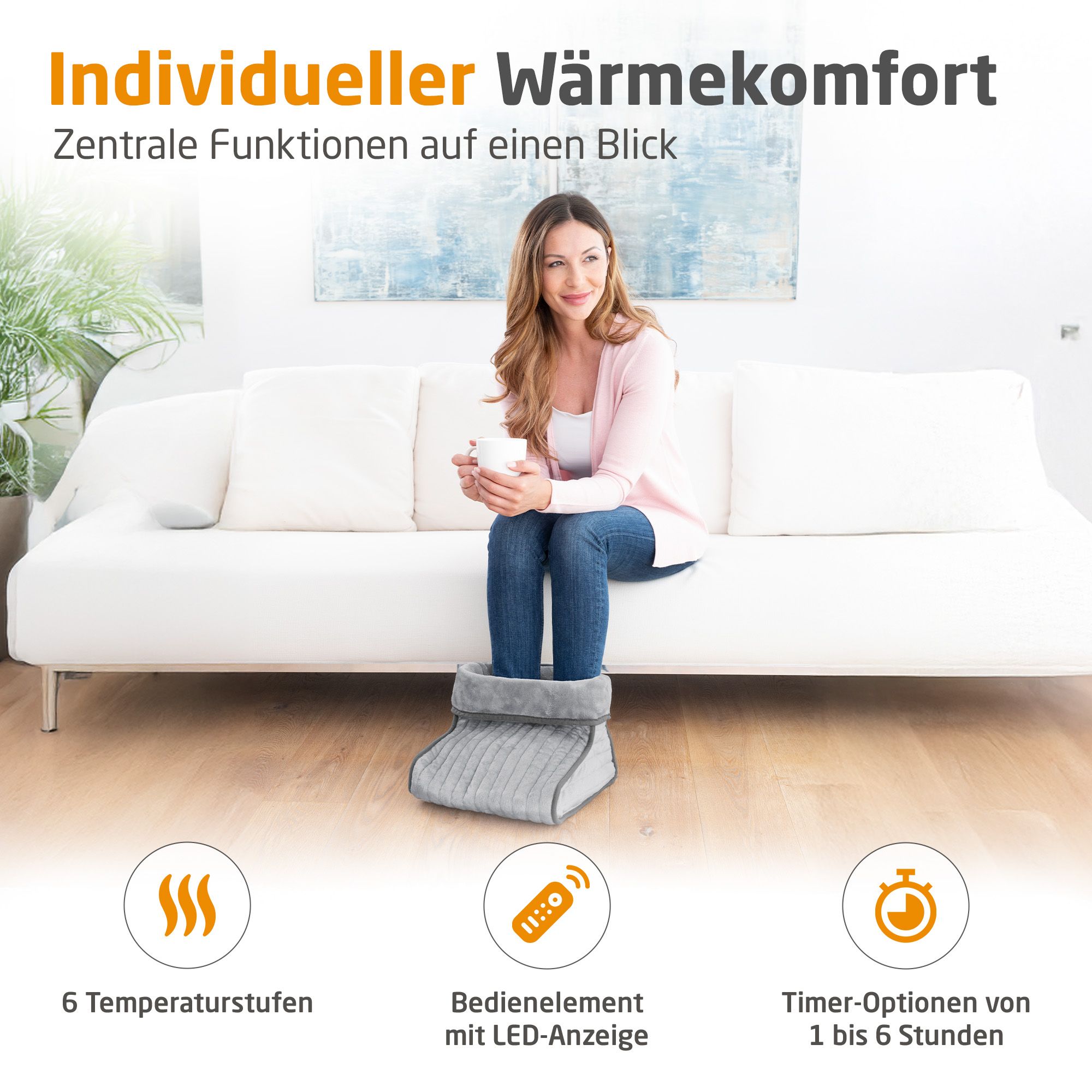Grijze elektrische voetverwarmer met 6 temperatuurstanden, LED-display en timer.