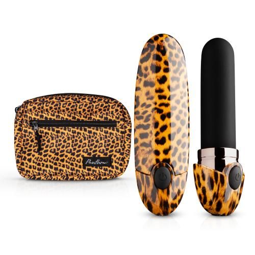 Set met vibrator, hoes en tasje. Luipaardprint. Vibrator met zwarte kop en knoppen.