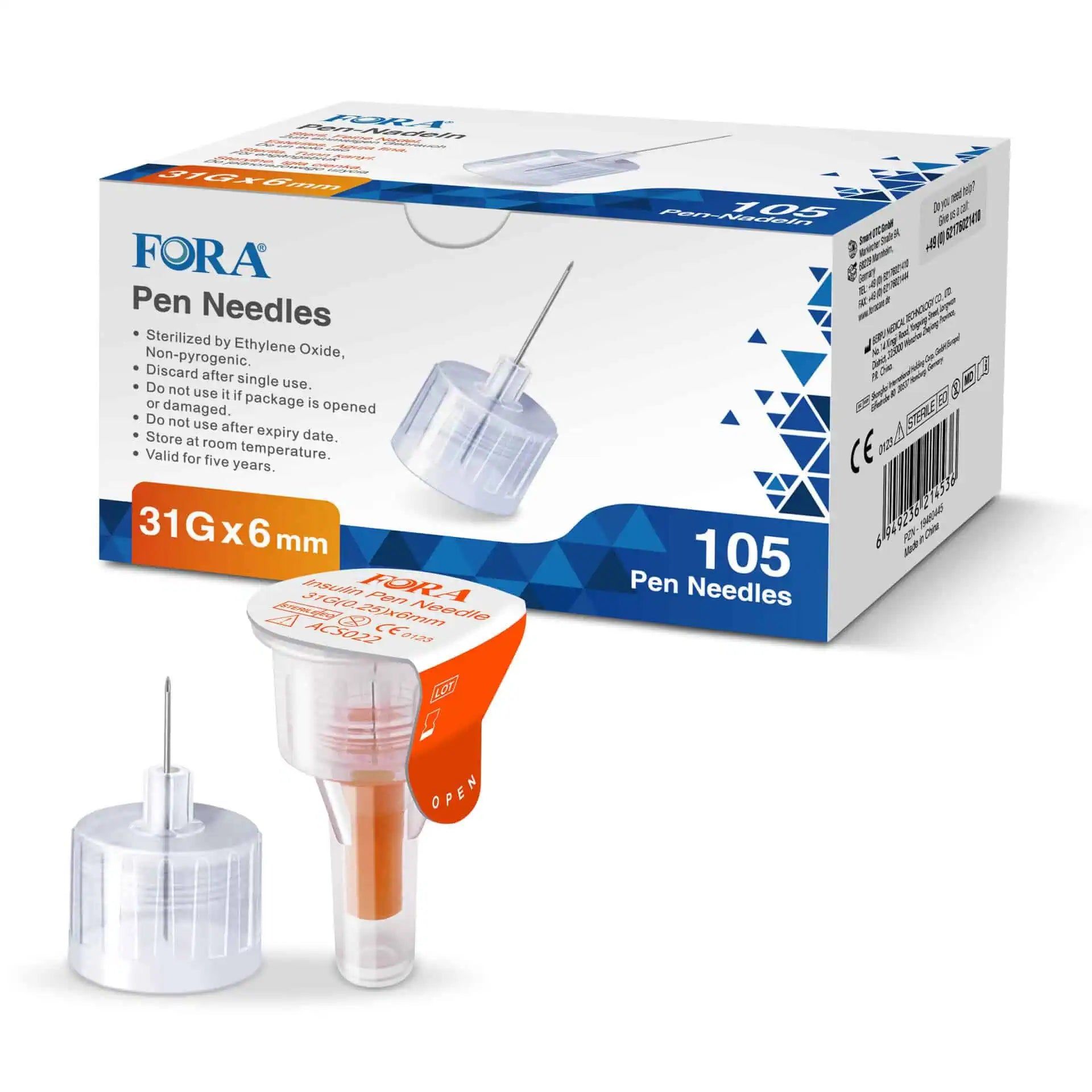 FORA Pennaalden 31G x 6mm, 105 stuks. Gesteriliseerd, eenmalig gebruik. CE-gecertificeerd.